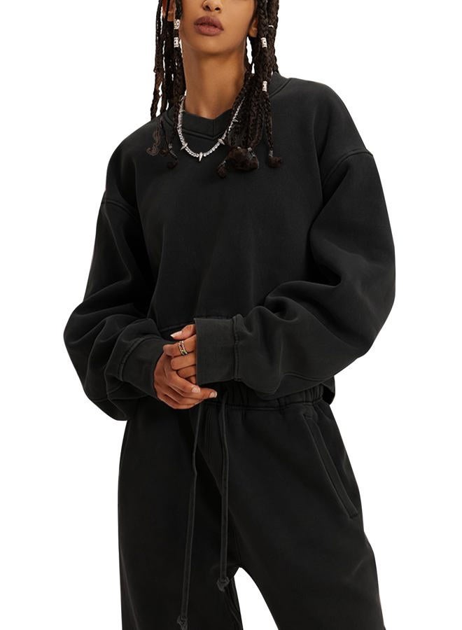 Flygo Women Sweat Set Sweatsuit Fleece 2 Piece Joggers Tracksuit Outfits Crop Sweatshirt Sweatpants Sets(Black-L) - Image 1