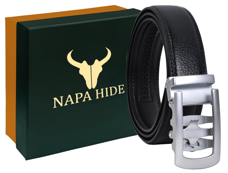 NAPA HIDE Men's Genuine Leather Belt for Men| Premium Auto-Lock Buckle | Adjustable up to 48” | Formal & Casual Wear | Micro-Adjust Fit | Stylish Gift Box Included (PREMIUM BLACK1) - Image 5