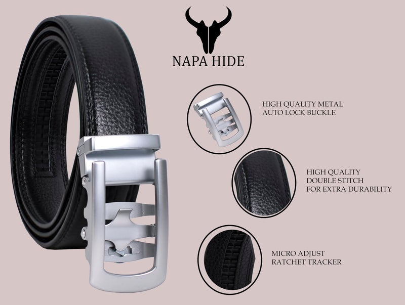 NAPA HIDE Men's Genuine Leather Belt for Men| Premium Auto-Lock Buckle | Adjustable up to 48” | Formal & Casual Wear | Micro-Adjust Fit | Stylish Gift Box Included (PREMIUM BLACK1) - Image 3
