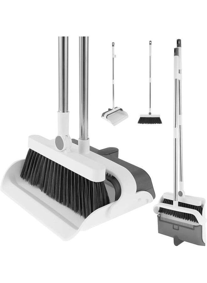 Long Handled Dustpan and Brush Sets 180° Rotatable Save Space Upright Broom and Dustpan with Comb Teeth Flexible Sweeping Brush for Indoor Outdoor Home Office Dorm Pet Hair(grey) - Image 1