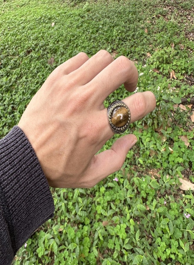 JWM Stainless Steel Natural Tiger Eye Stone Ring for Men Women (10) - Image 2