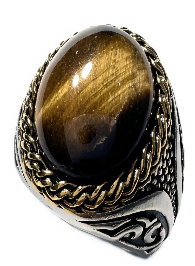 JWM Stainless Steel Natural Tiger Eye Stone Ring for Men Women (10) - Image 1