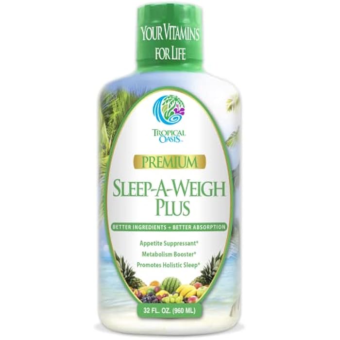 Tropical Oasis Sleep-A-Weigh Plus | Liquid Sleep Multimineral | Natural Sleep, Stress & Weight Loss Aid | w/Collagen, L-Carnitine, L-Lysine, Tonalin CLA, Apple Cider Vinegar, 5-HTP, Vitamins | Non-GMO | 32 Serv - Image 1