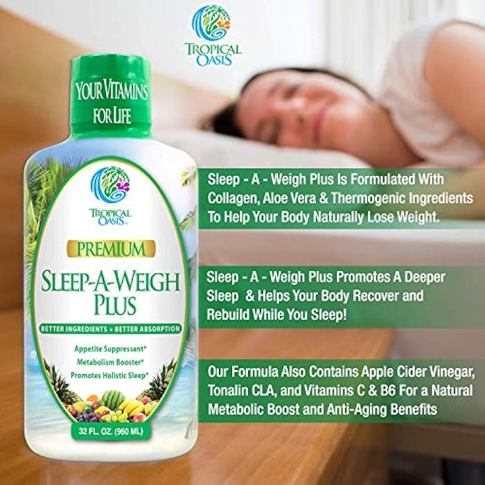 Tropical Oasis Sleep-A-Weigh Plus | Liquid Sleep Multimineral | Natural Sleep, Stress & Weight Loss Aid | w/Collagen, L-Carnitine, L-Lysine, Tonalin CLA, Apple Cider Vinegar, 5-HTP, Vitamins | Non-GMO | 32 Serv - Image 4