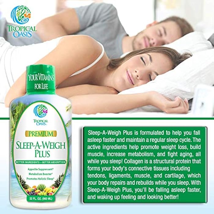 Tropical Oasis Sleep-A-Weigh Plus | Liquid Sleep Multimineral | Natural Sleep, Stress & Weight Loss Aid | w/Collagen, L-Carnitine, L-Lysine, Tonalin CLA, Apple Cider Vinegar, 5-HTP, Vitamins | Non-GMO | 32 Serv - Image 5