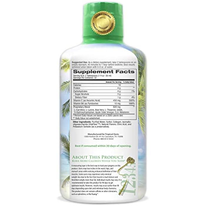 Tropical Oasis Sleep-A-Weigh Plus | Liquid Sleep Multimineral | Natural Sleep, Stress & Weight Loss Aid | w/Collagen, L-Carnitine, L-Lysine, Tonalin CLA, Apple Cider Vinegar, 5-HTP, Vitamins | Non-GMO | 32 Serv - Image 2