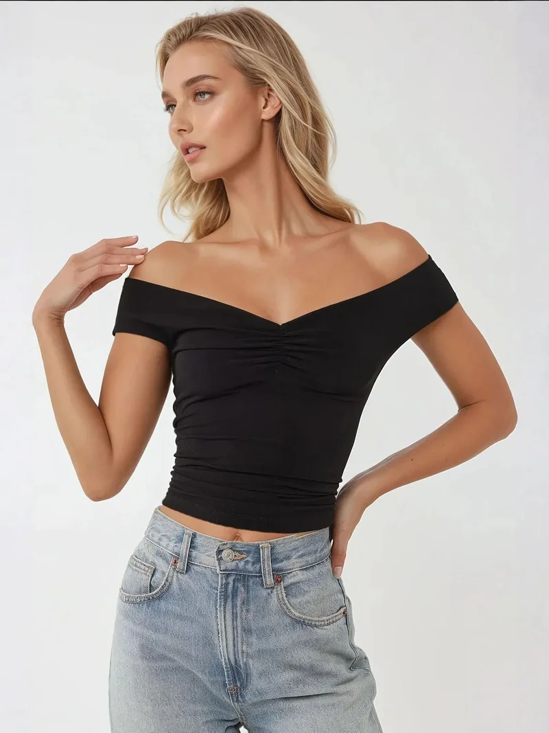 HICCUP Off Shoulder Slim Fit Boat Neck Top