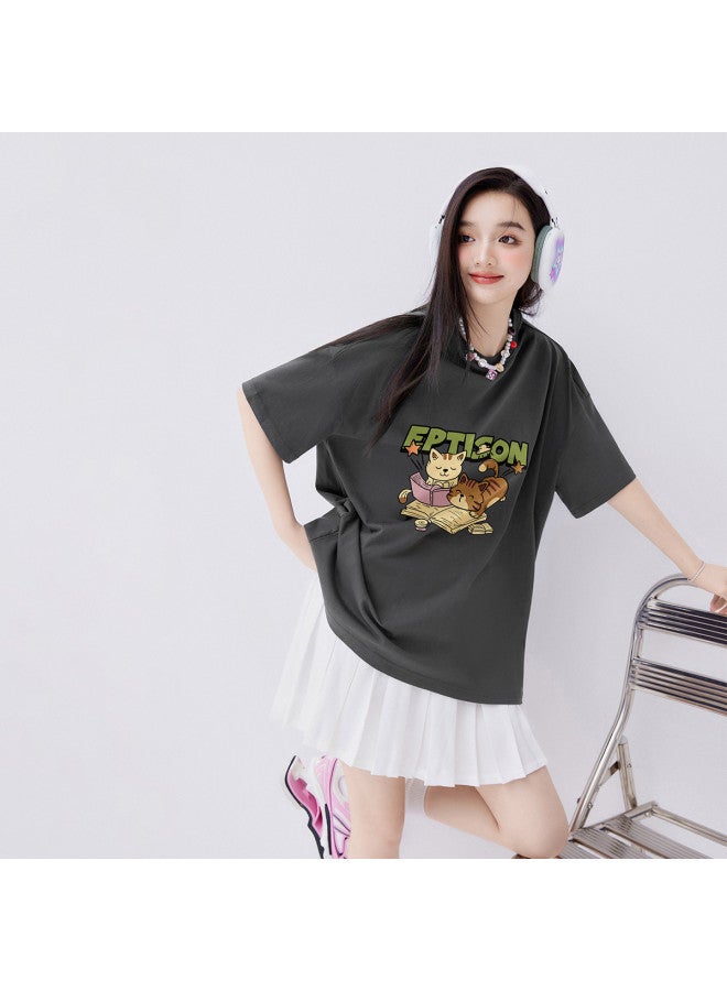 EPTISON Women's Short Sleeve T-shirt - Summer Cartoon Cat Print Cotton Contrast Color Loose Fit Youthful Tee - Image 2