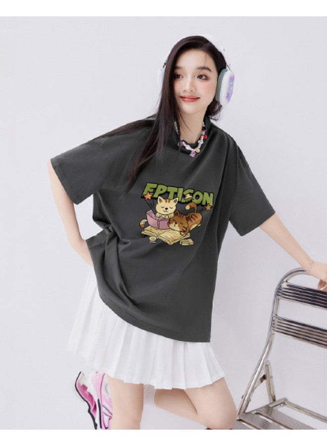EPTISON Women's Short Sleeve T-shirt - Summer Cartoon Cat Print Cotton Contrast Color Loose Fit Youthful Tee - Image 1