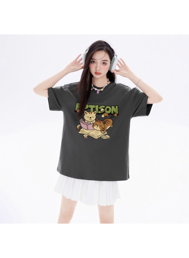EPTISON Women's Short Sleeve T-shirt - Summer Cartoon Cat Print Cotton Contrast Color Loose Fit Youthful Tee - Image 4