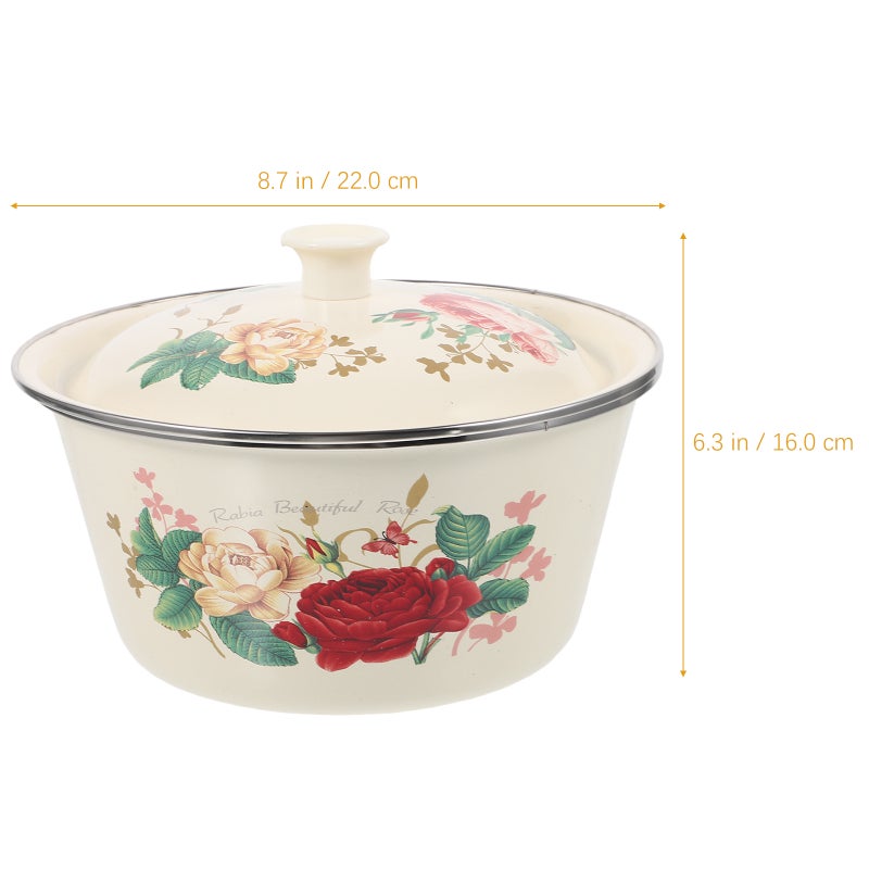 Floral Enamel Bowls Vintage Pot With Lid Kitchen Storage Holder Round Shape For Home Use 22X22X16CM 1Pack - Image 2