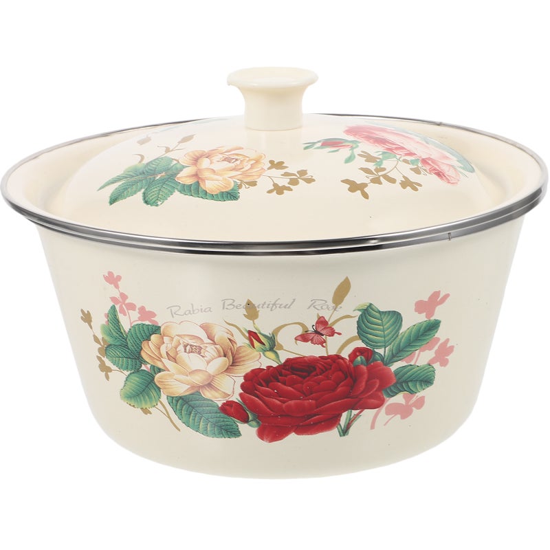 Floral Enamel Bowls Vintage Pot With Lid Kitchen Storage Holder Round Shape For Home Use 22X22X16CM 1Pack - Image 1