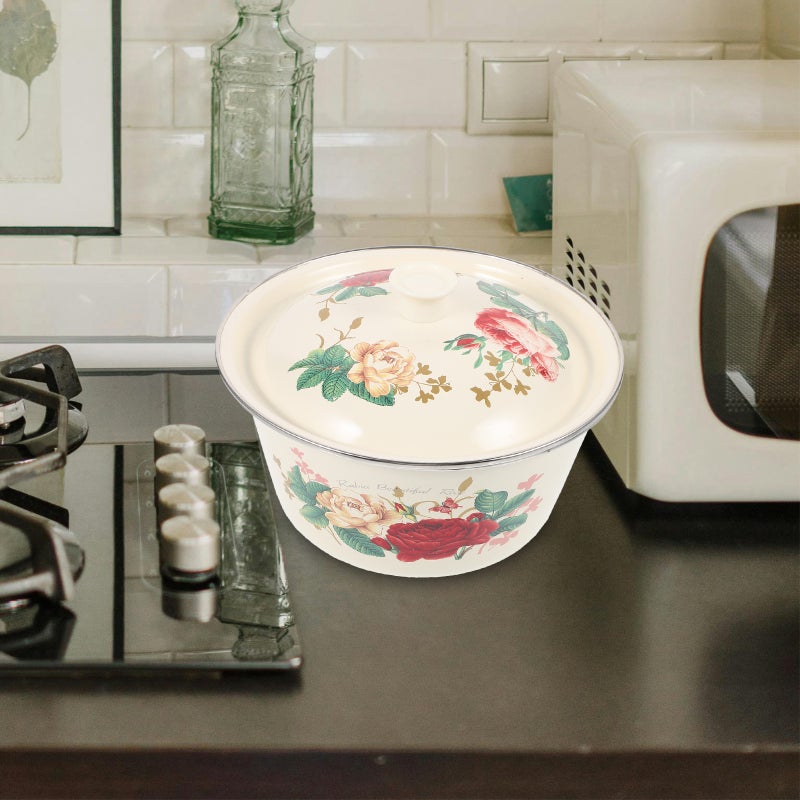 Floral Enamel Bowls Vintage Pot With Lid Kitchen Storage Holder Round Shape For Home Use 22X22X16CM 1Pack - Image 3