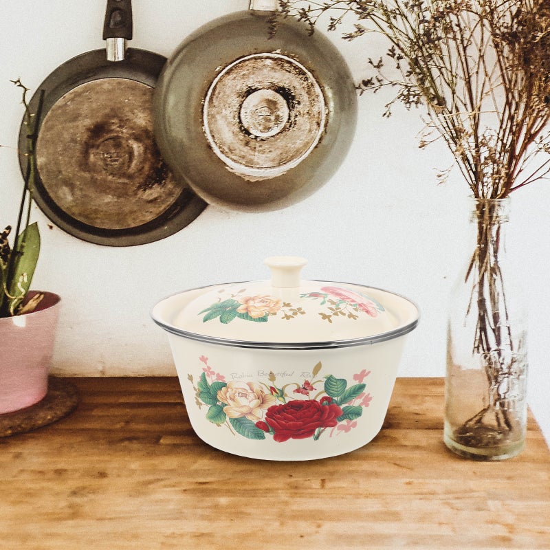 Floral Enamel Bowls Vintage Pot With Lid Kitchen Storage Holder Round Shape For Home Use 22X22X16CM 1Pack - Image 4