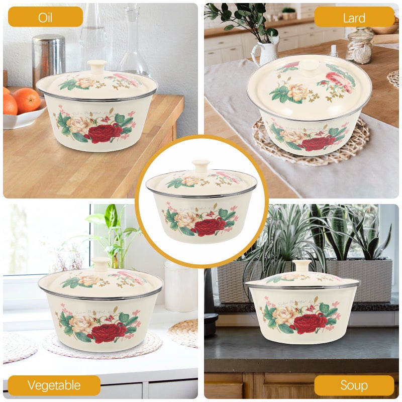 Floral Enamel Bowls Vintage Pot With Lid Kitchen Storage Holder Round Shape For Home Use 22X22X16CM 1Pack - Image 5