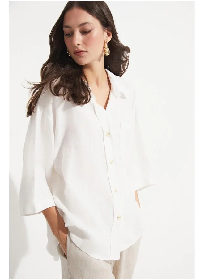 جون June Women Exclusive Regular/Normal Fit 100% Linen Short Sleeve Shirt Ecru