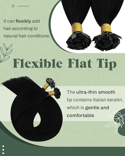 Ugeat Black Flat Tip Hair Extensions Human Hair Jet Black Keratin Tip Extensions Ktips By Hot Fusion to Add Length and Volume for Women Long 22 Inch 50G 50S - Image 2