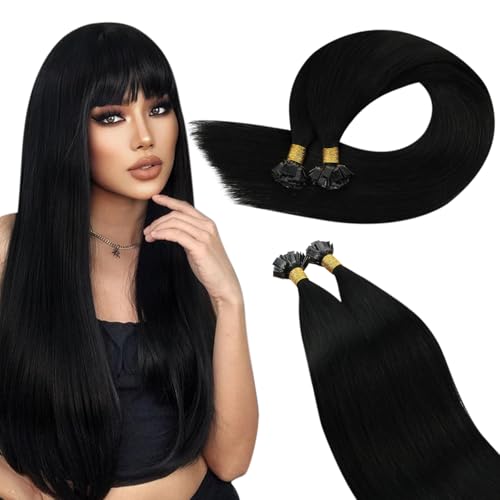 Ugeat Black Flat Tip Hair Extensions Human Hair Jet Black Keratin Tip Extensions Ktips By Hot Fusion to Add Length and Volume for Women Long 22 Inch 50G 50S - Image 1