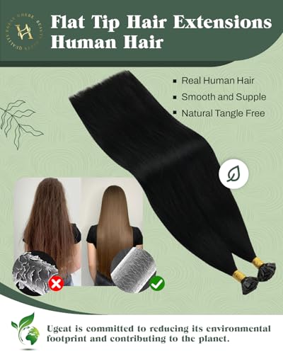 Ugeat Black Flat Tip Hair Extensions Human Hair Jet Black Keratin Tip Extensions Ktips By Hot Fusion to Add Length and Volume for Women Long 22 Inch 50G 50S - Image 3