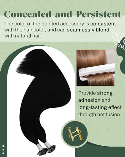 Ugeat Black Flat Tip Hair Extensions Human Hair Jet Black Keratin Tip Extensions Ktips By Hot Fusion to Add Length and Volume for Women Long 22 Inch 50G 50S - Image 4