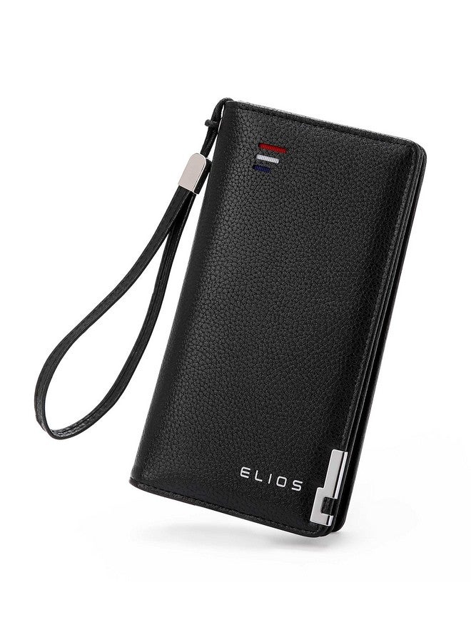 إليوس محفظة نسائية كبيرة السعة من الجلد الصناعي من Elios مع حامل للبطاقات والهاتف ومنظم محفظة نسائية مع حزام معصم، باللون الأسود - Image 1