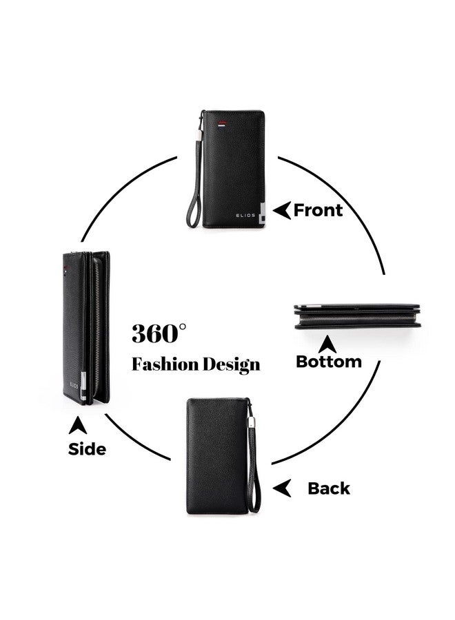 إليوس محفظة نسائية كبيرة السعة من الجلد الصناعي من Elios مع حامل للبطاقات والهاتف ومنظم محفظة نسائية مع حزام معصم، باللون الأسود - Image 3
