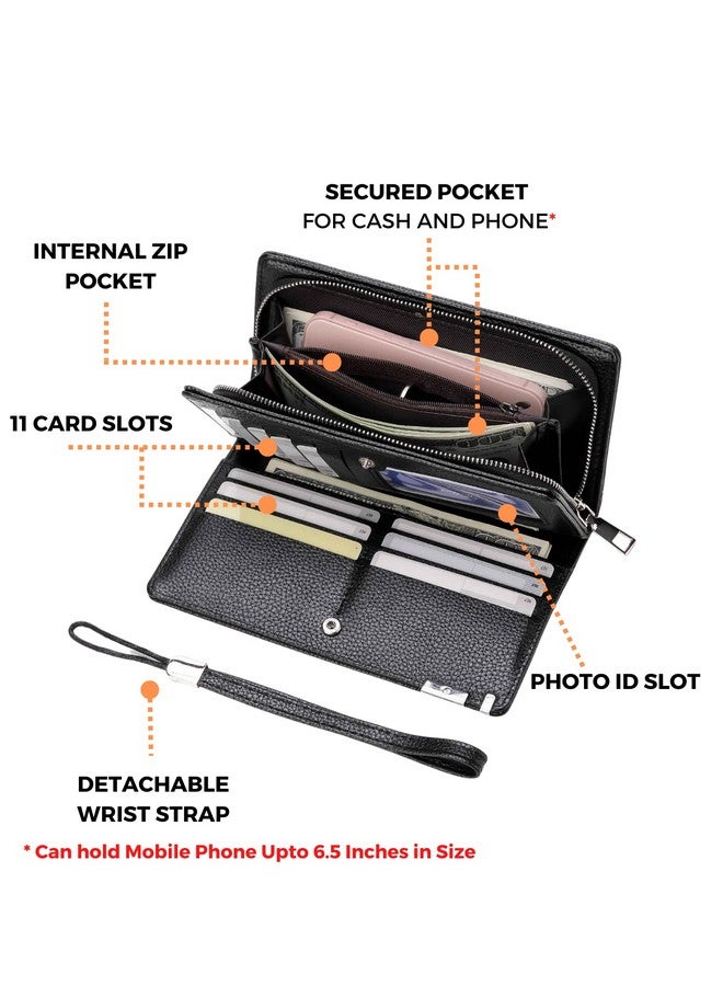 إليوس محفظة نسائية كبيرة السعة من الجلد الصناعي من Elios مع حامل للبطاقات والهاتف ومنظم محفظة نسائية مع حزام معصم، باللون الأسود - Image 4