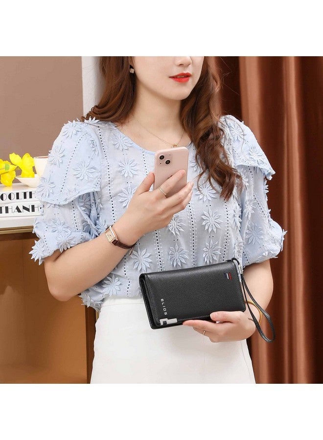 إليوس محفظة نسائية كبيرة السعة من الجلد الصناعي من Elios مع حامل للبطاقات والهاتف ومنظم محفظة نسائية مع حزام معصم، باللون الأسود - Image 2