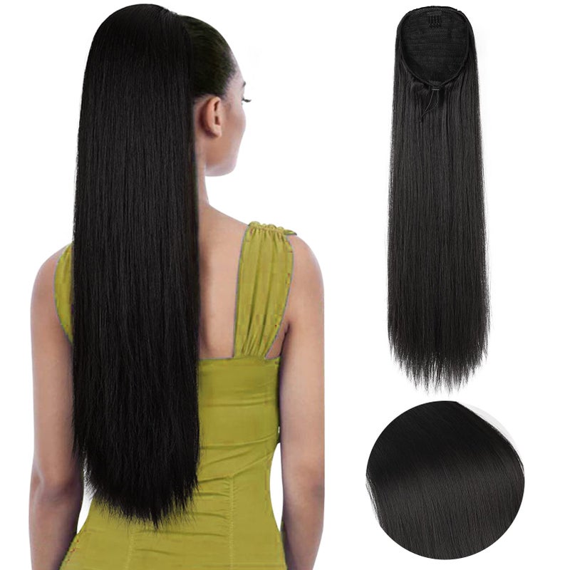 SEIKEA 28" Ponytail Extensions Drawstring Long Straight Fake Pony Tail Natural Soft Clip in Hair Extension Synthetic Heat Resistant Hairpiece - Black - Image 1