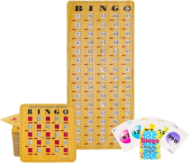 Mr Chips Jam-Proof Bingo Cards with Sliding Windows, 25 Reusable Shutter Cards, 75 Calling Cards 1 Master Board in Woodgrain Style - Image 1