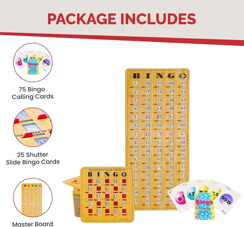 Mr Chips Jam-Proof Bingo Cards with Sliding Windows, 25 Reusable Shutter Cards, 75 Calling Cards 1 Master Board in Woodgrain Style - Image 3