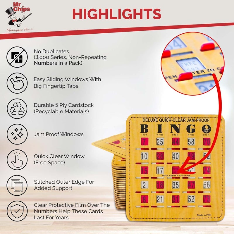 Mr Chips Jam-Proof Bingo Cards with Sliding Windows, 25 Reusable Shutter Cards, 75 Calling Cards 1 Master Board in Woodgrain Style - Image 4