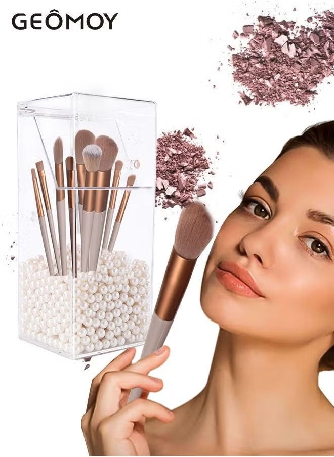 جيموي 13 قطعة فرشاة مكياج وحامل مع غطاء أكريليك ، منظم مستحضرات التجميل المقاوم للغبار حامل فرشاة ماكياج صندوق تخزين مع لؤلؤة بيضاء للحمام ، خزانة ملابس ، الغرور وكونترتوب - Image 2