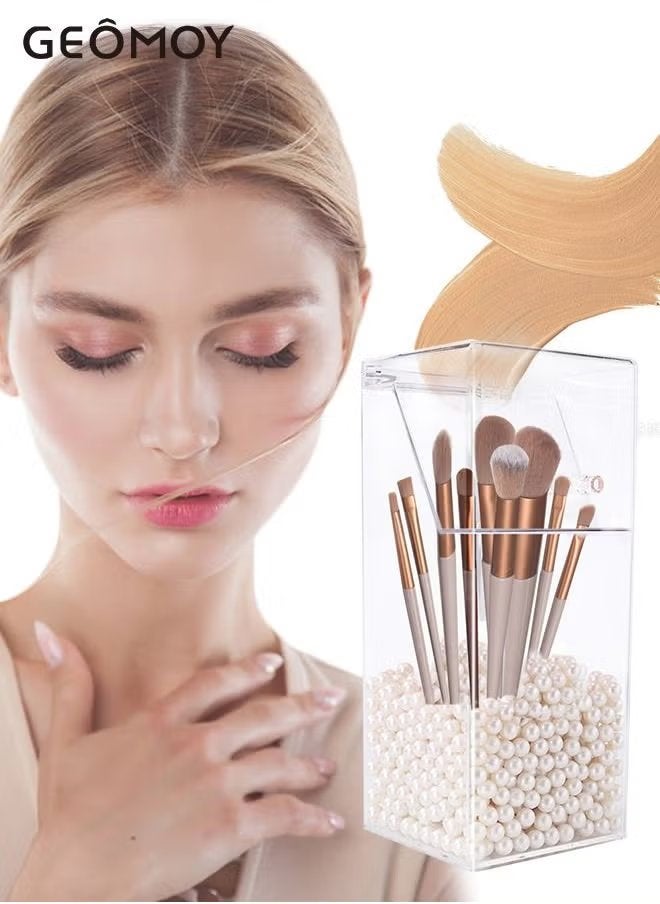جيموي 13 قطعة فرشاة مكياج وحامل مع غطاء أكريليك ، منظم مستحضرات التجميل المقاوم للغبار حامل فرشاة ماكياج صندوق تخزين مع لؤلؤة بيضاء للحمام ، خزانة ملابس ، الغرور وكونترتوب - Image 1