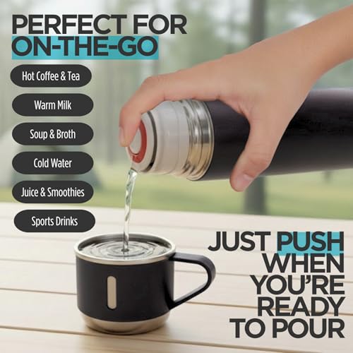 Goodscious Black Vacuum Flask Gift Set, Stainless Steel Insulated Water Bottle w/ 3 Cups, Hot & Cold Drinks Coffee Thermo Water Bottle, Reusable Thermal Cup for Outdoor Camping Travel, Termos para Agua Fria,17oz - Image 2