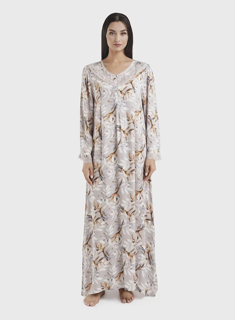 كشخة Mocha Digital Leaves Print  Nightwear with Lace Work (CNH447)
