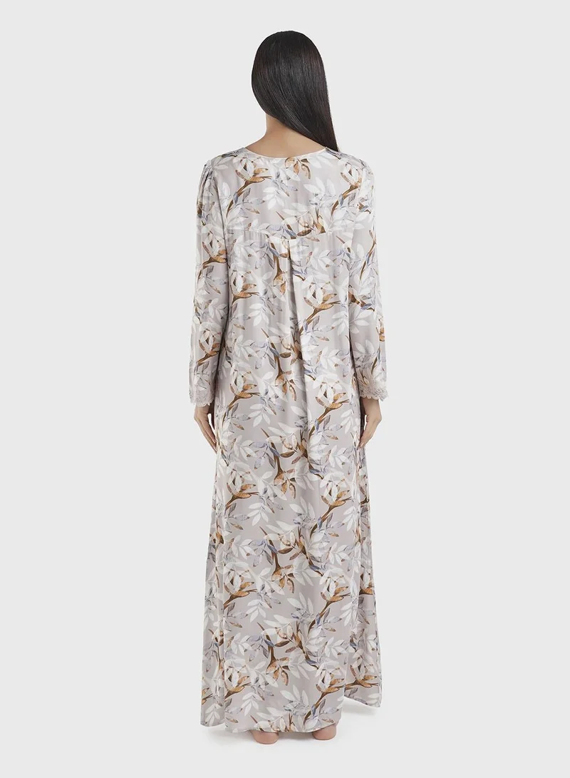 Kashkha  Mocha Digital Leaves Print  Nightwear with Lace Work (CNH447) for Women | Best Price UAE