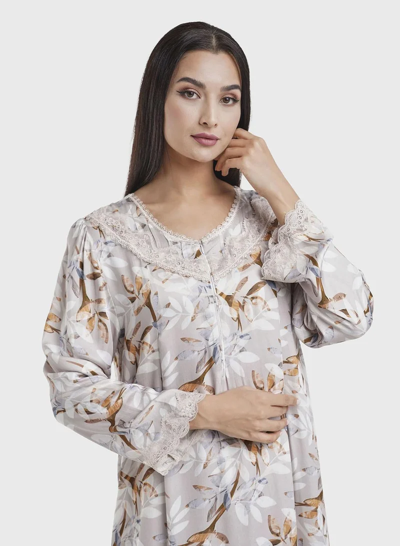 كشخة Mocha Digital Leaves Print  Nightwear with Lace Work (CNH447)