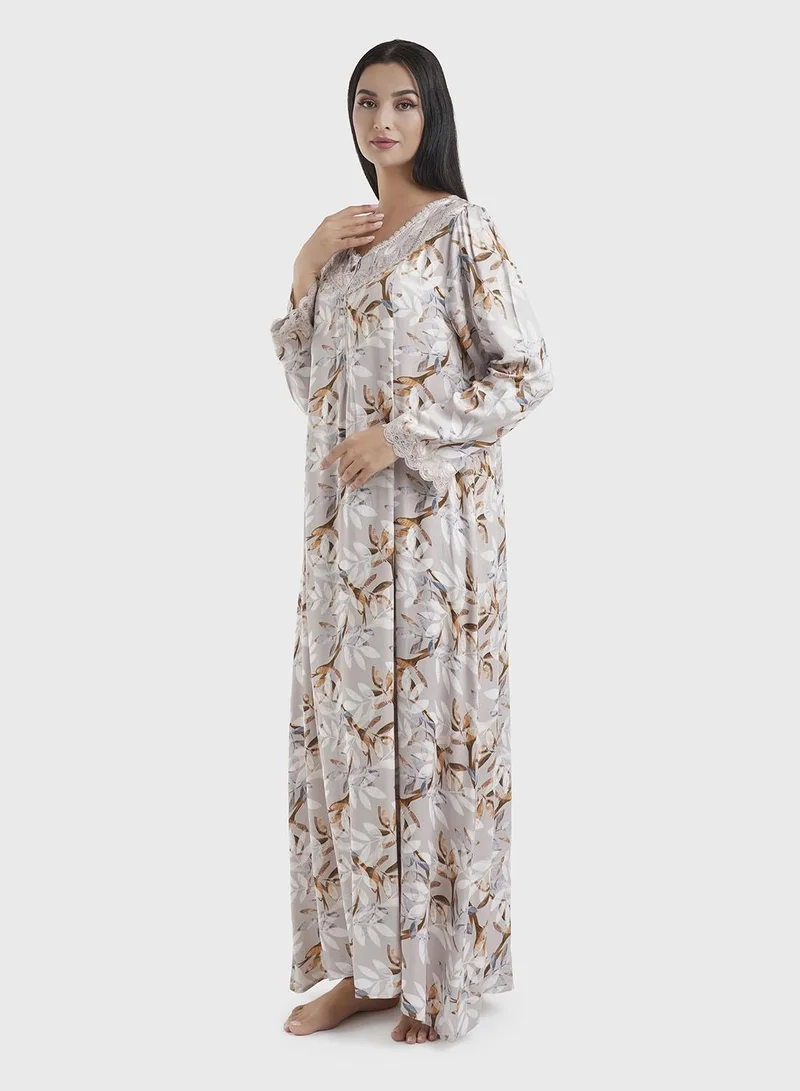 Kashkha  Mocha Digital Leaves Print  Nightwear with Lace Work (CNH447) for Women | Best Price UAE