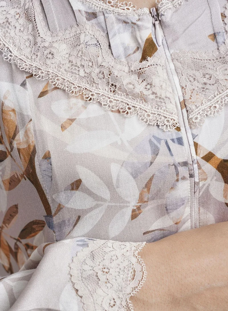 Kashkha  Mocha Digital Leaves Print  Nightwear with Lace Work (CNH447) for Women | Best Price UAE