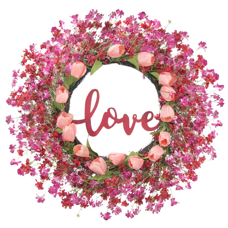 Tldcdte 22 Inch Valentineâ€™s Day Wreath for Front Door, Artificial Pink Tulip Wreath with Heart Berry & Green Leaves, Romantic Valentine Decor for Home, Wedding, Anniversary & Candlelight Dinner - Image 1