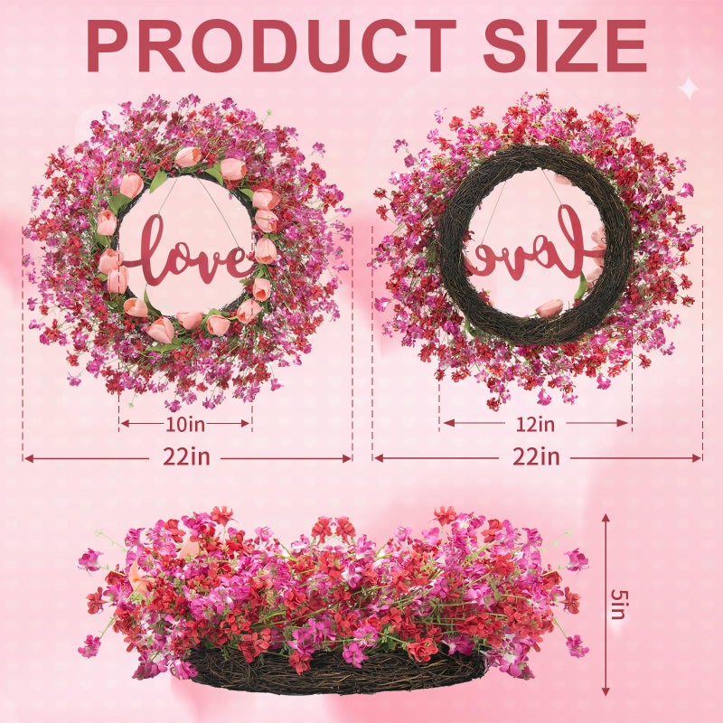 Tldcdte 22 Inch Valentineâ€™s Day Wreath for Front Door, Artificial Pink Tulip Wreath with Heart Berry & Green Leaves, Romantic Valentine Decor for Home, Wedding, Anniversary & Candlelight Dinner - Image 3