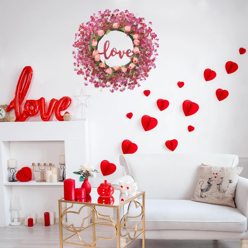 Tldcdte 22 Inch Valentineâ€™s Day Wreath for Front Door, Artificial Pink Tulip Wreath with Heart Berry & Green Leaves, Romantic Valentine Decor for Home, Wedding, Anniversary & Candlelight Dinner - Image 4