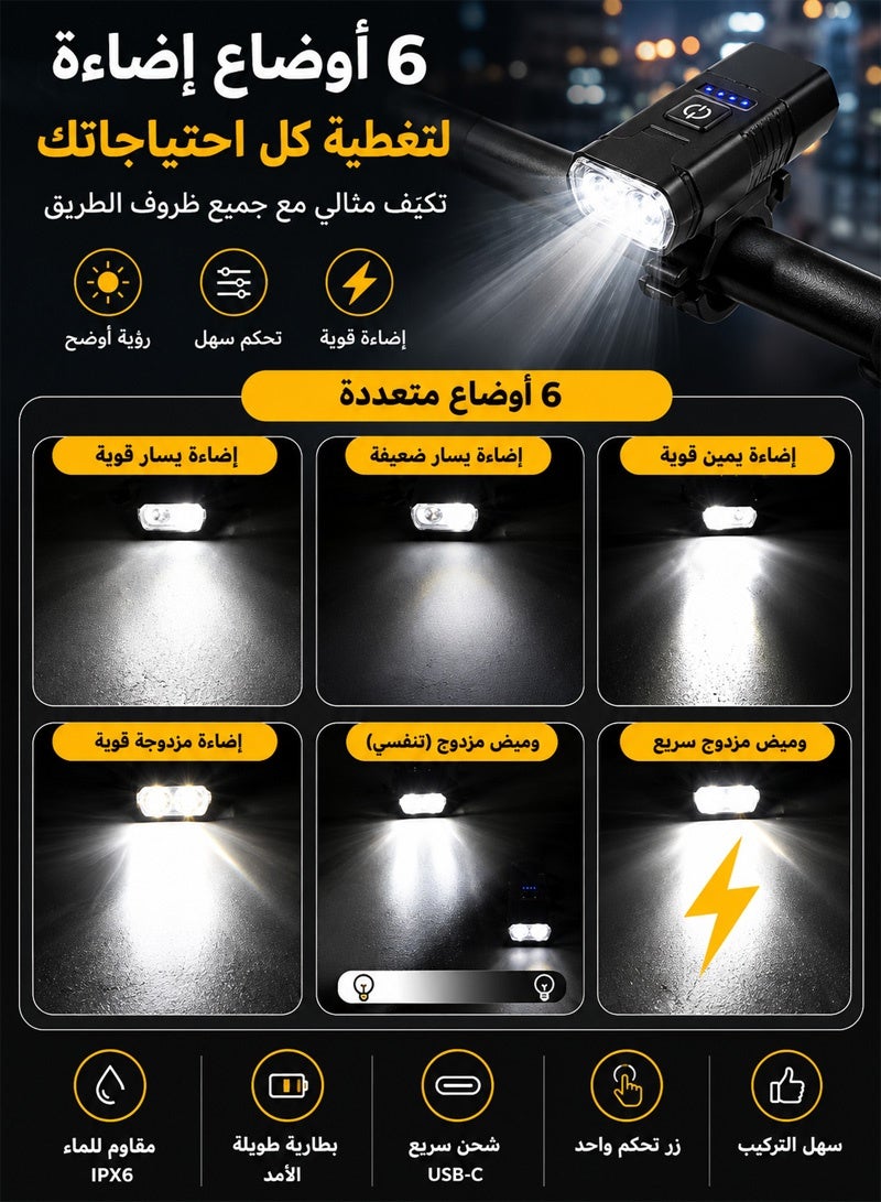 نييكام مصباح أمامي للدراجات الهوائية بستة أوضاع إضاءة، مزود بمصباحي LED من نوع XPE، مدى إضاءة يصل إلى 200 متر، إضاءة واسعة بزاوية 120 درجة، شحن سريع عبر منفذ USB-C، خفيف الوزن للغاية (58 جرامًا)، مقاوم للماء بمعيار IPX4، سهل التركيب بدون أدوات، مناسب لركوب الدراجات والمشي لمسافات طويلة والاستخدام في حالات الطوارئ. - Image 5