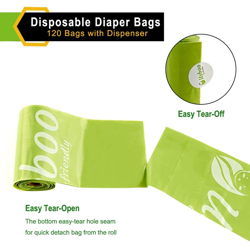 USBOO Baby Disposable Diaper Bags, Waste Bags 8 Refill Rolls/120 Bags with Dispenser, Convenient and Quick Diaper Disposal, Unscented - Image 4