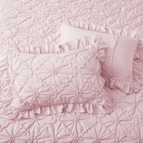 BEDAZZLED Queen Size Comforter Sets, Pink Bedding Comforter Set, 3 Pieces Pinch Pleat Bedding Sets with Comforter and Pillowcases Soft Farmhouse Shabby Chic Comforter for All Seasons - Image 4