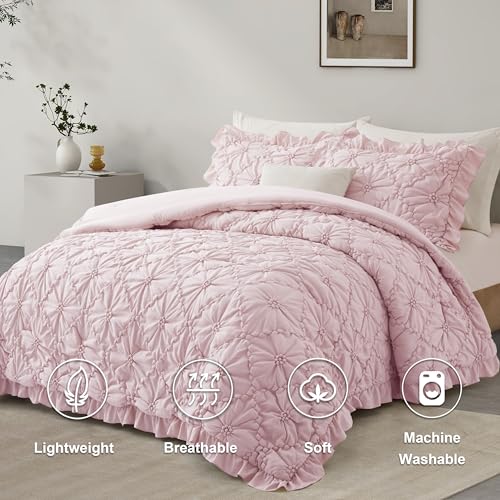 BEDAZZLED Queen Size Comforter Sets, Pink Bedding Comforter Set, 3 Pieces Pinch Pleat Bedding Sets with Comforter and Pillowcases Soft Farmhouse Shabby Chic Comforter for All Seasons - Image 2