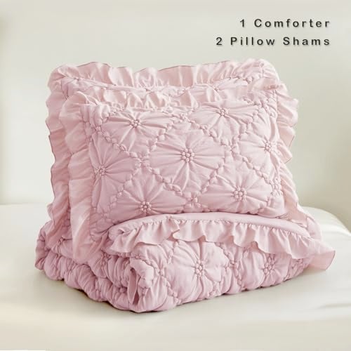 BEDAZZLED Queen Size Comforter Sets, Pink Bedding Comforter Set, 3 Pieces Pinch Pleat Bedding Sets with Comforter and Pillowcases Soft Farmhouse Shabby Chic Comforter for All Seasons - Image 5