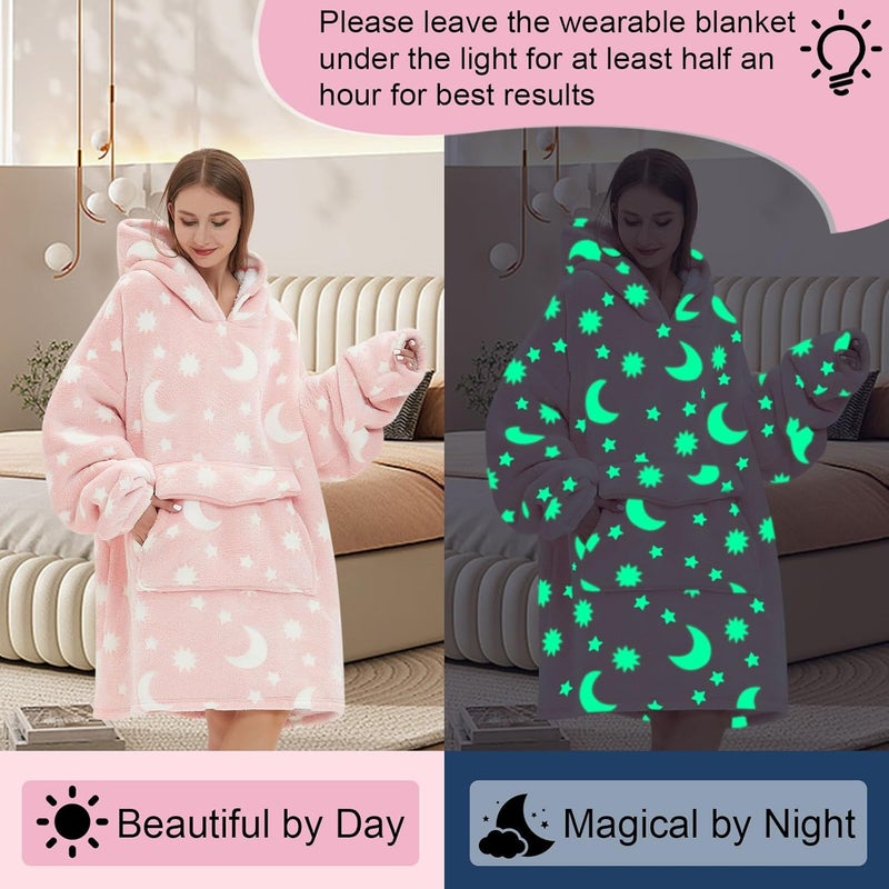 Fiosnow Glow in the Dark Star and Moon Blanket Hoodies for Women and Men Adult Fleece Sherpa Oversize Wearable Blanket Hoodies for Soft and Warm - Image 2