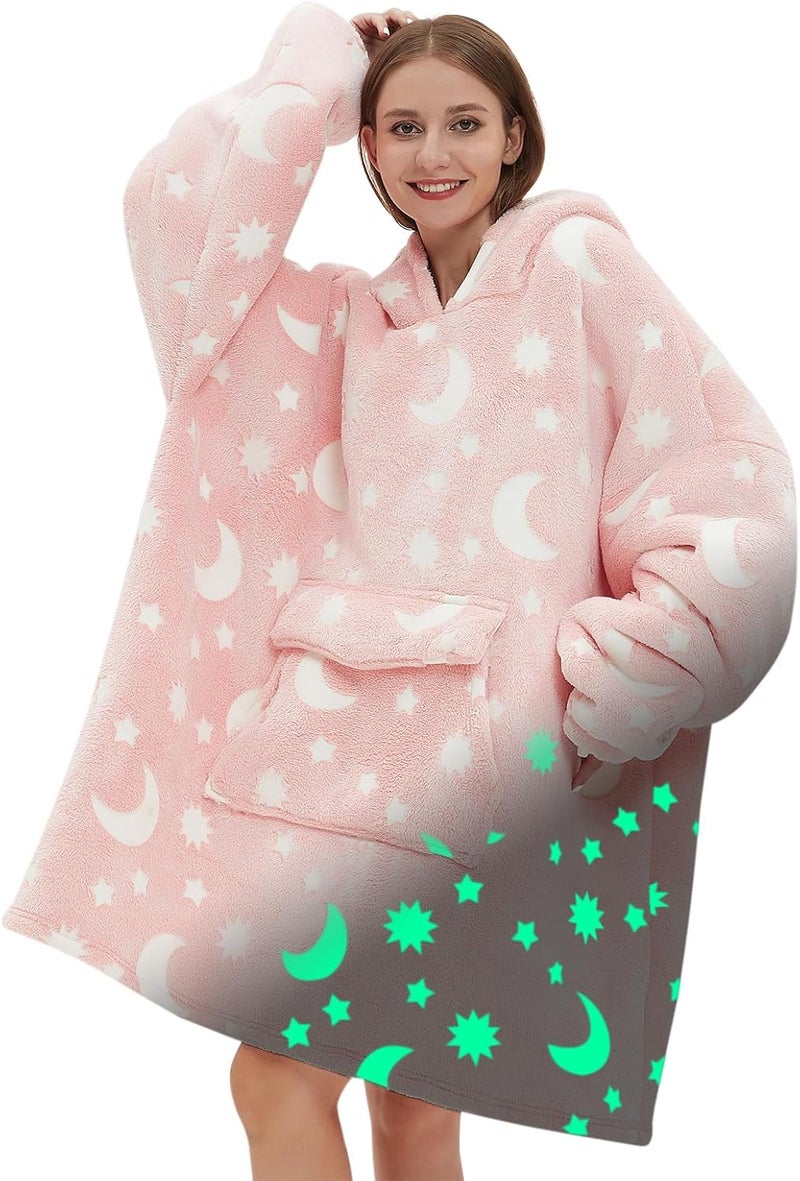 Fiosnow Glow in the Dark Star and Moon Blanket Hoodies for Women and Men Adult Fleece Sherpa Oversize Wearable Blanket Hoodies for Soft and Warm - Image 1